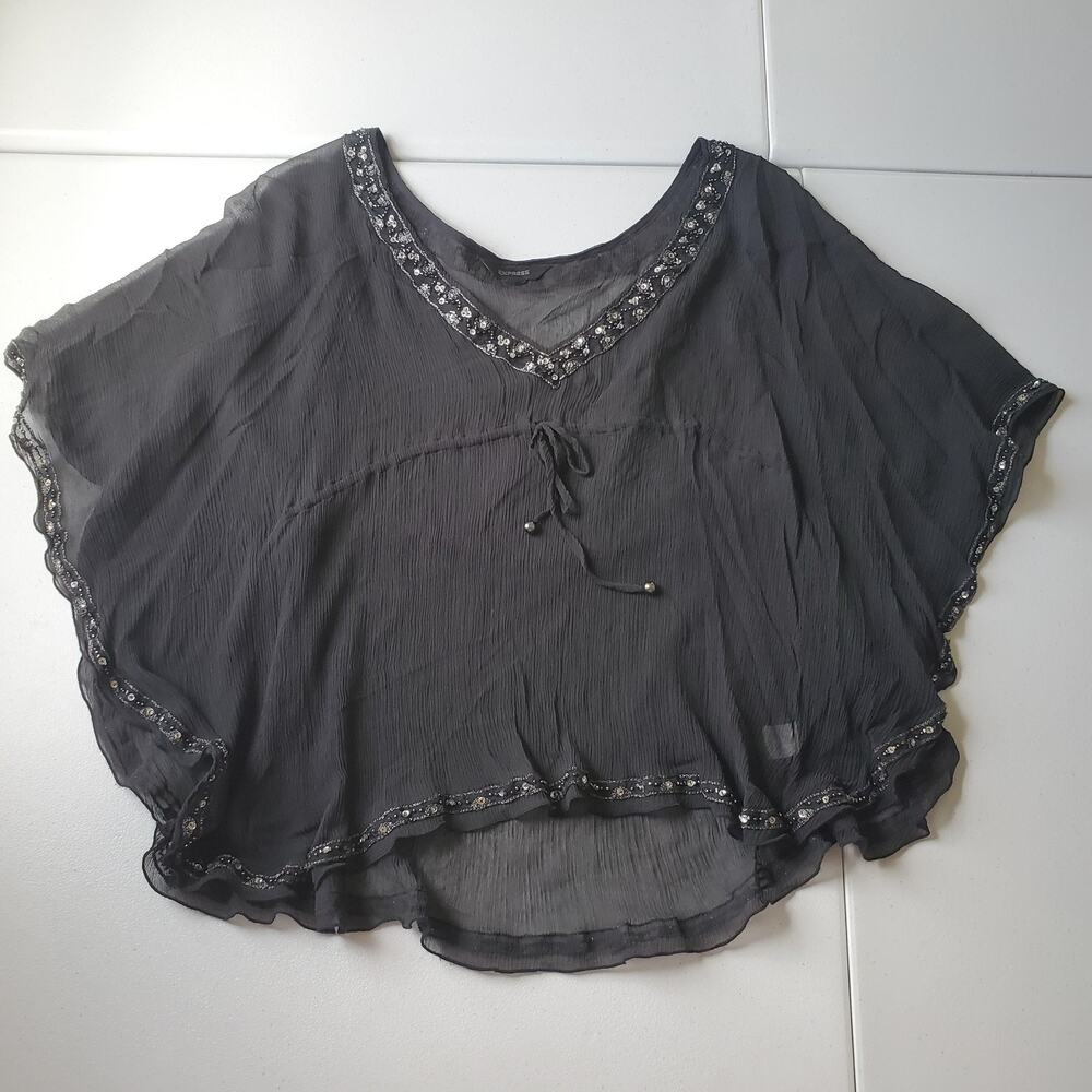 Y2K Express Kimono Blouse Women Medium Black Silk Beaded Sequin Sheer Whimsigoth
